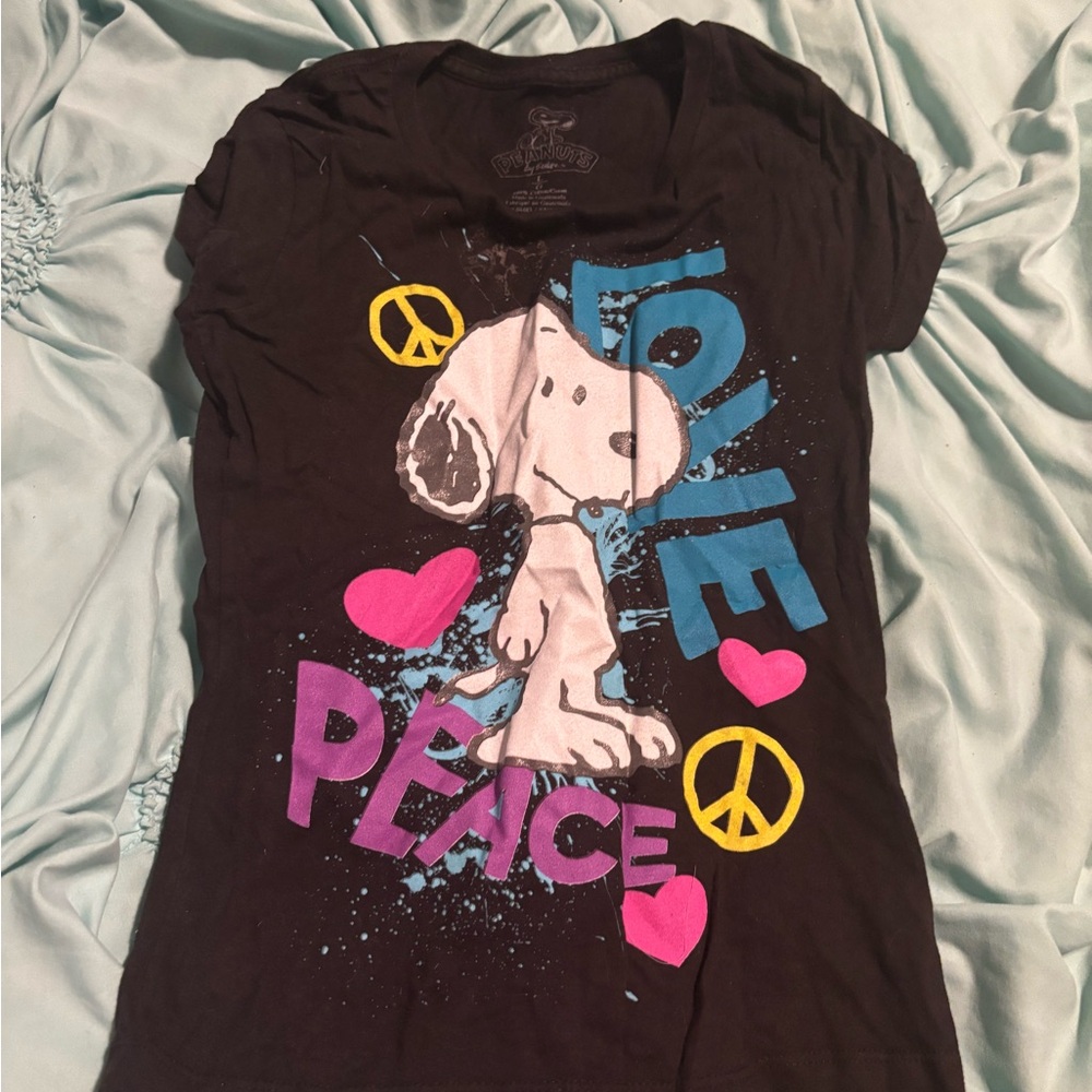 Peanuts Black Tee with Snoopy and Peace Signs